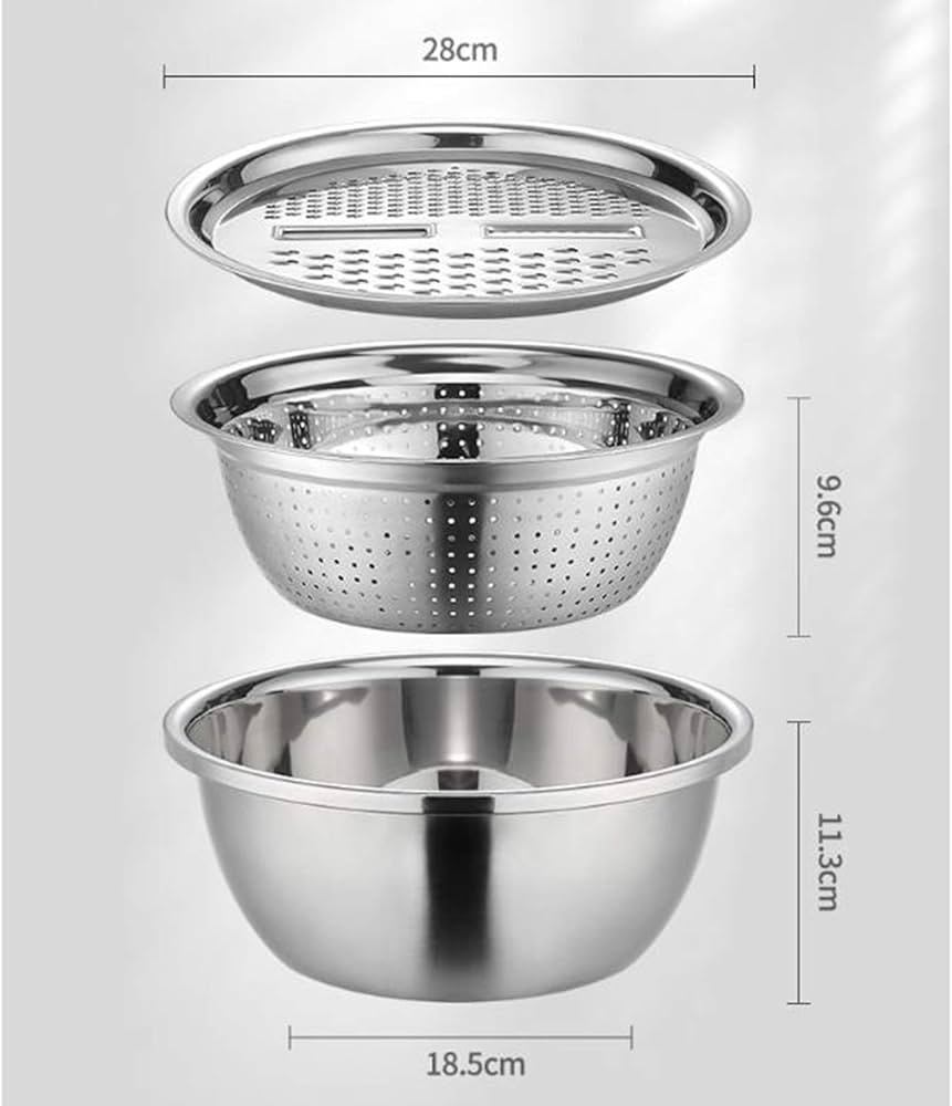 3-in-1 Stainless Steel Vegetable Slicer, Grater & Drain Basket Bowl – Multi-Functional Salad Maker (26CM)