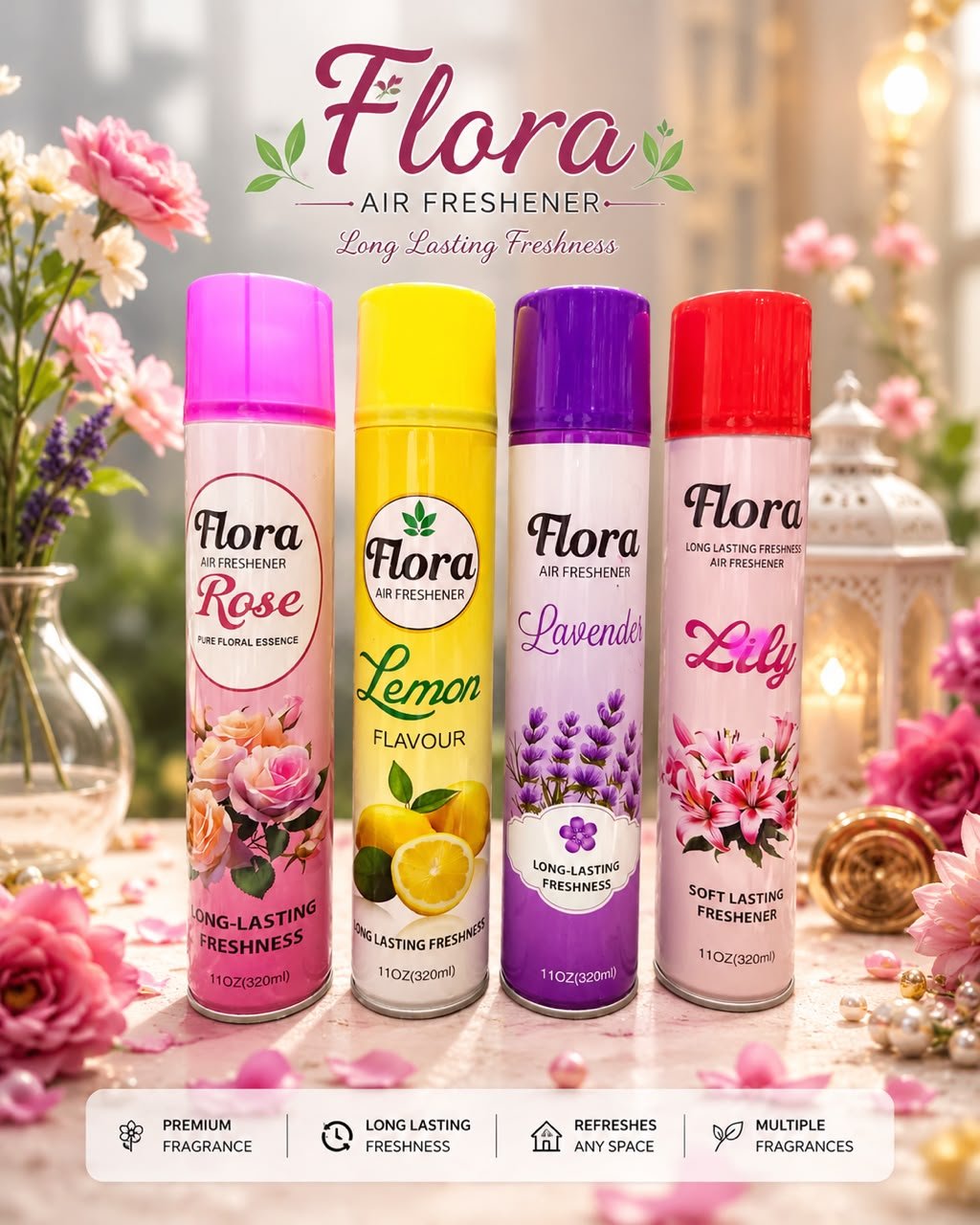 Flora Air Freshener 4 Pcs Combo – Rose, Lemon, Lavender & Lily